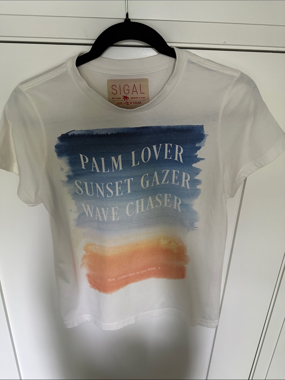 SIGAL 'Palm Lover' Graphic Tee in Blue & Orange from Anthropologie Sz small